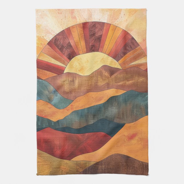 Boho Sunset Over Mountains -Retro Earthy Landscape Kitchen Towel (Vertical)
