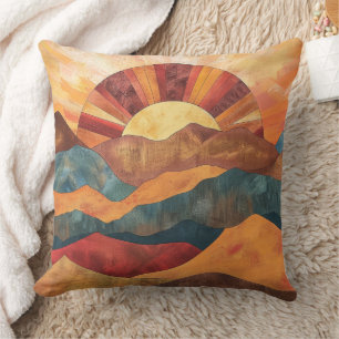 Boho Sunset Over Mountains -Retro Earthy Landscape Throw Pillow