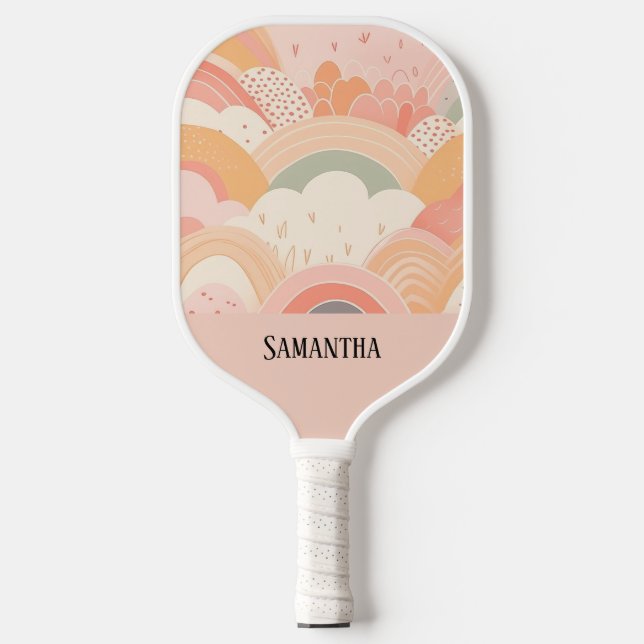 Boho Sunset Peach & Pink Abstract Personalized  Pickleball Paddle (Front)