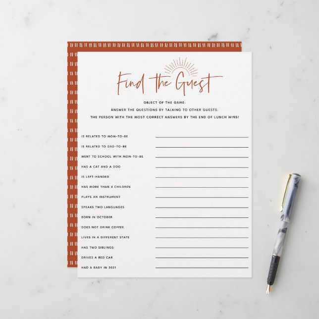 Boho Sunshine Baby Shower Guest Game (Front/Back In Situ)