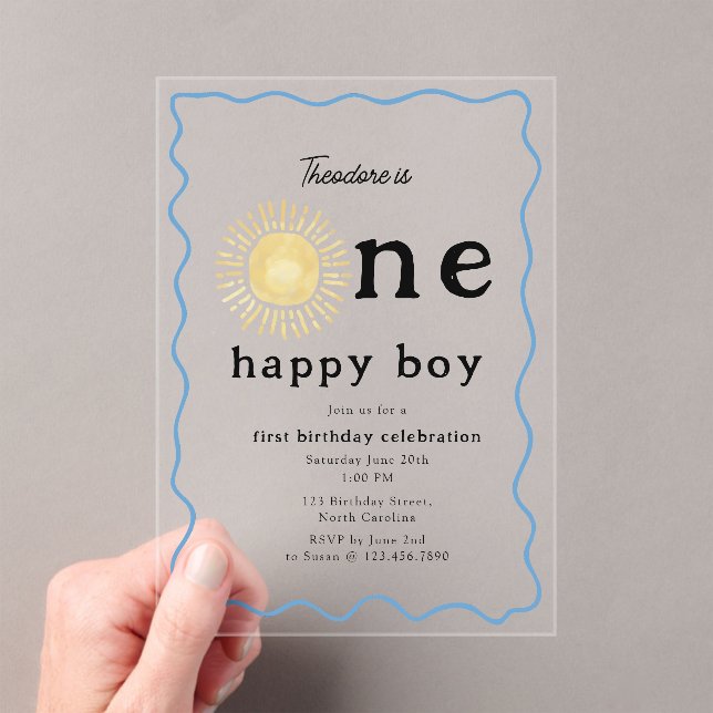 Boho Sunshine First Birthday One Happy Boy Retro Acrylic Invitations (Insitu (Handheld))