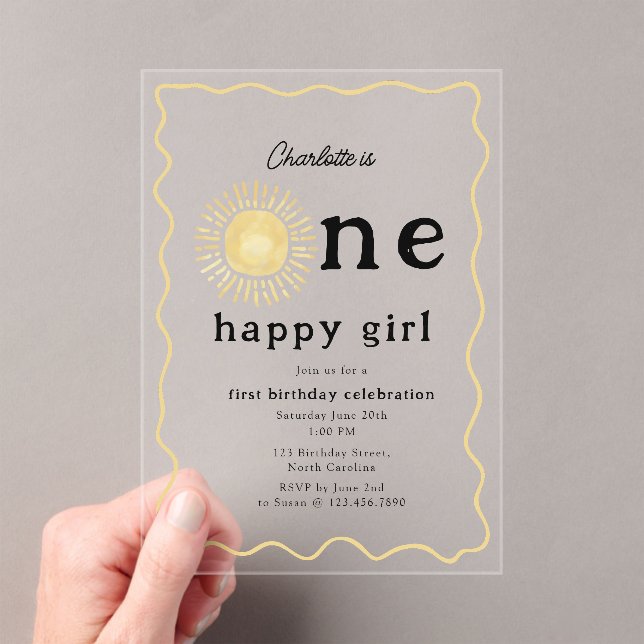 Boho Sunshine First Birthday One Happy Girl Retro Acrylic Invitations (Insitu (Handheld))
