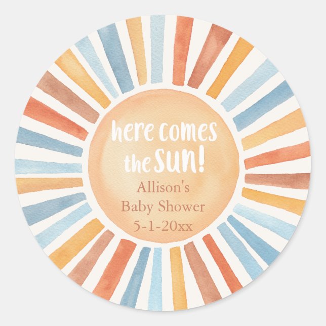 Boho sunshine Here Comes the Sun baby shower Classic Round Sticker (Front)