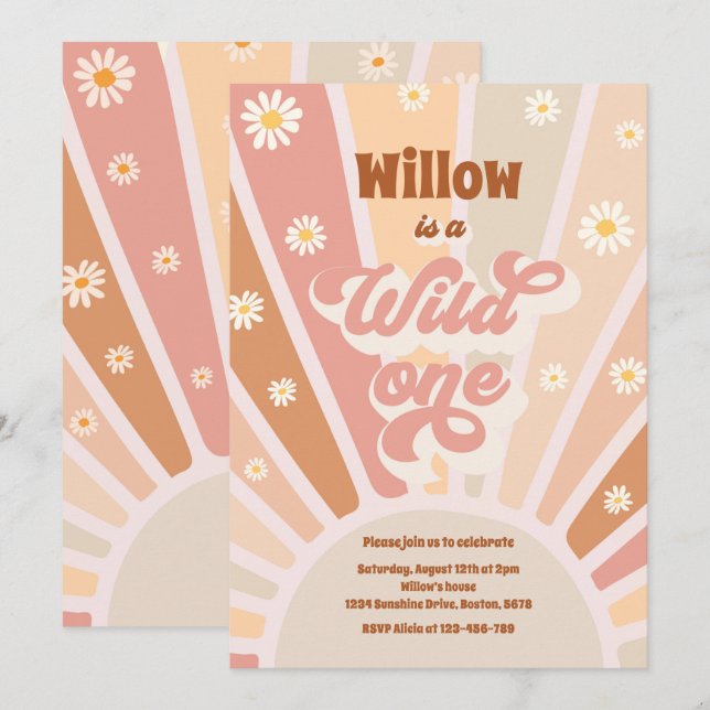 Boho Sunshine Wild One 1st Birthday Party Invitation (Front/Back)