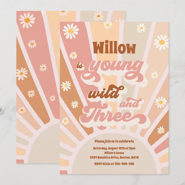 Boho Sunshine Young Wild And Three Birthday Party Invitation (Front/Back)