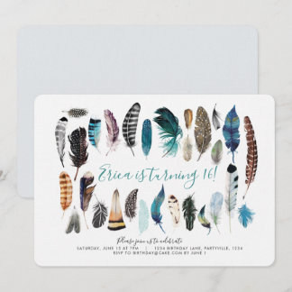 Boho Sweet 16 Feather Birthday Invitation