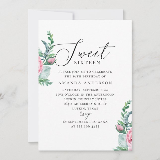 Boho Sweet 16. Garden pink floral 16th birthday Invitation (Front)