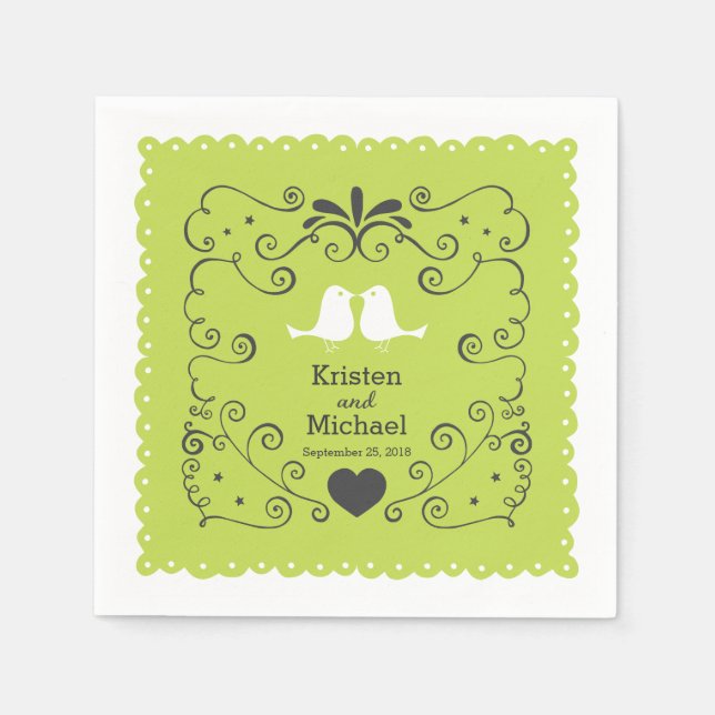 Boho Swirls, Curls, a Banner & Lovebirds Wedding Napkin (Front)