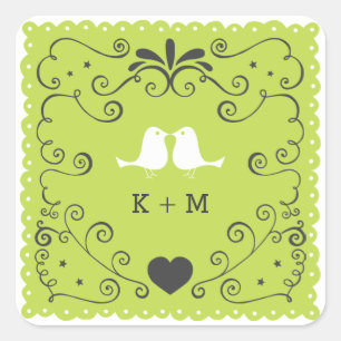 Boho Swirls, Curls, a Banner & Lovebirds Wedding Square Sticker