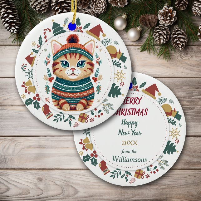 Boho Tabby Cat in Winter Sweater Christmas Ceramic Ornament (Creator Uploaded)