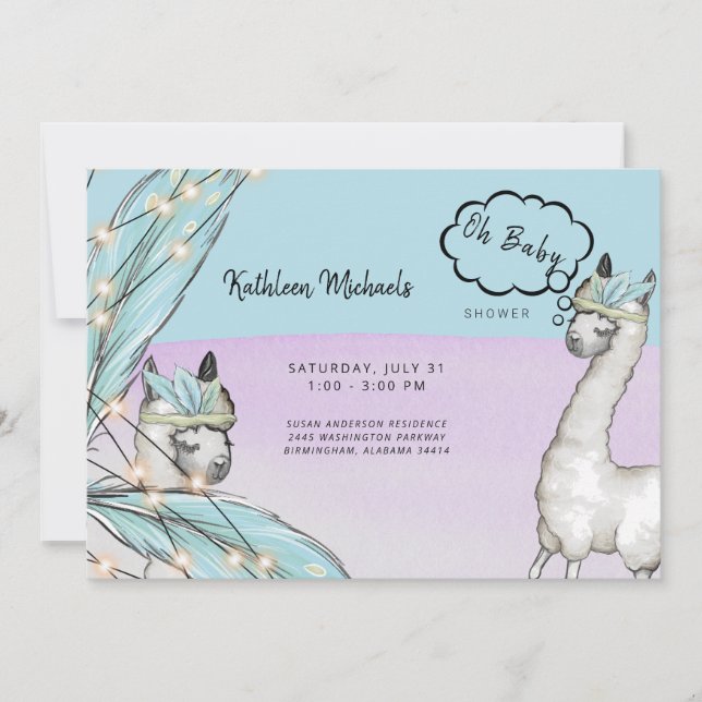  Boho Talking Llama Pink Turquoise Oh Baby Shower Invitation (Front)