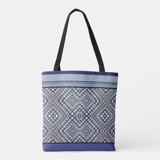 Boho Tan, Black, Blue Tribal Inspired Tote Bag (Back)