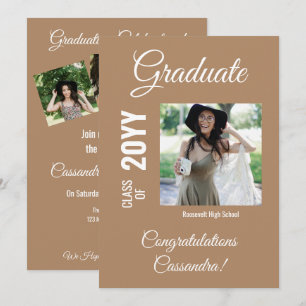 Boho Tan Minimalistic Photo Graduation Party Invitation