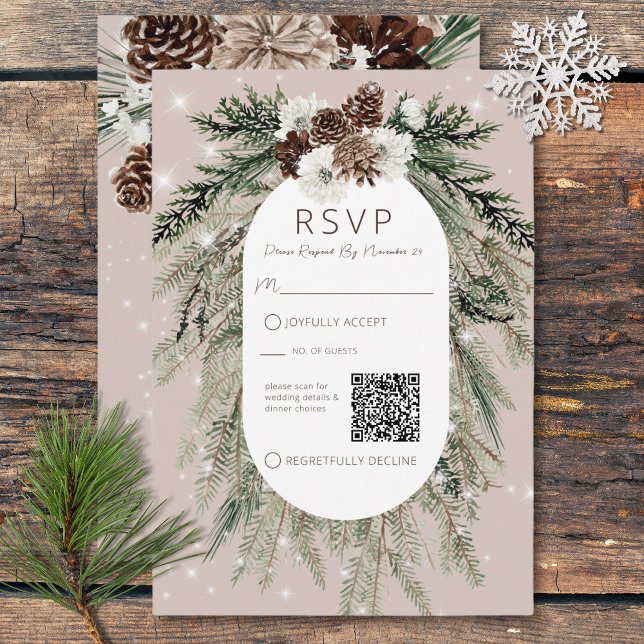 Boho Tan Pine Winter Sparkle QR Code RSVP Card (Boho Tan Pine Winter Sparkle QR Code RSVP Card)