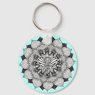 Boho Tangle Elephant and Hand Drawn Mandala Keychain