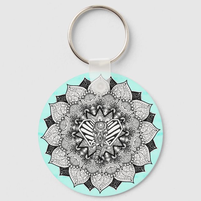 Boho Tangle Elephant and Hand Drawn Mandala Keychain (Front)