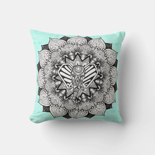 Boho Tangle Elephant and Hand Drawn Mandala Throw Pillow (Front)
