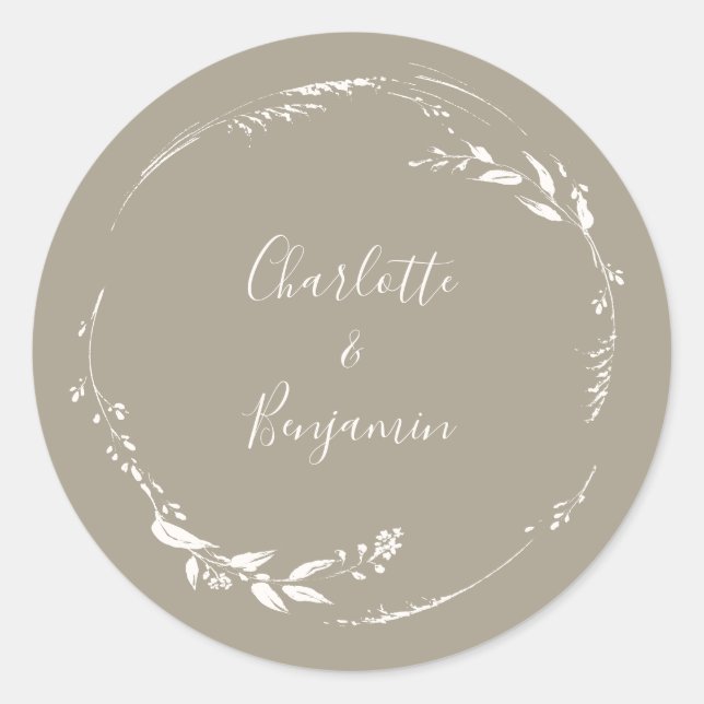 Boho Taupe Floral Wreath Calligraphy Personalized  Classic Round Sticker (Front)