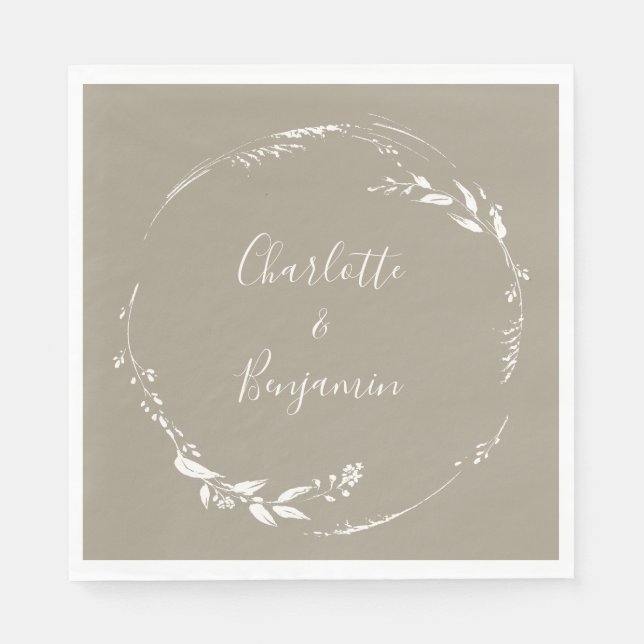 Boho Taupe Floral Wreath Calligraphy Personalized Napkin (Front)