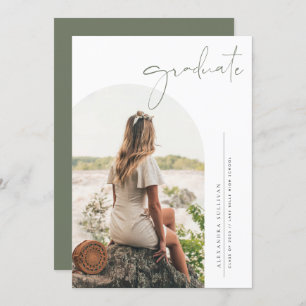 Boho Taupe Green Minimalist Arch Photo Graduation Announcement