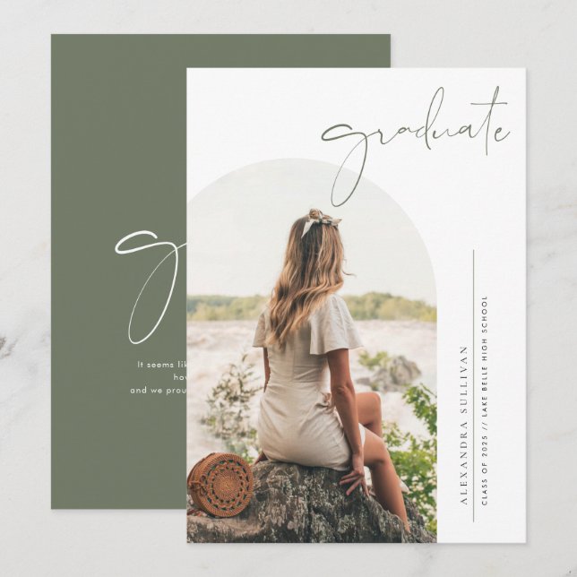 Boho Taupe Green Minimalist Arch Photo Graduation Invitation (Front/Back)