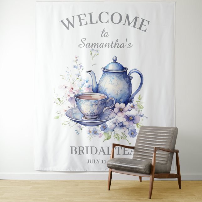 Boho Tea Pot Floral Blue Bridal Shower Tea Party Tapestry (In Situ)
