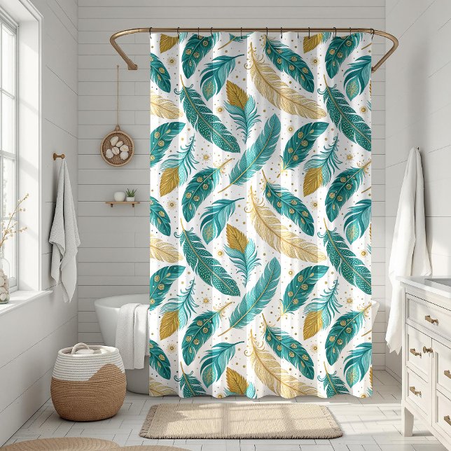 Boho Teal and Gold Feathers (Boho Teal and Gold Feathers Shower Curtain in a sunny white boho bathroom.)