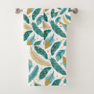 Boho Teal and Gold Feathers Bath Towel Set