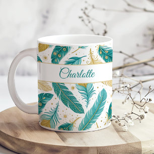 Boho Teal and Gold Feathers Script Name Coffee Mug