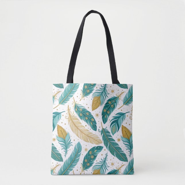 Boho Teal and Gold Feathers Tote Bag (Front)