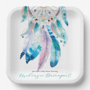 Boho Teal and Purple Dreamcatcher Baby Shower Paper Plate