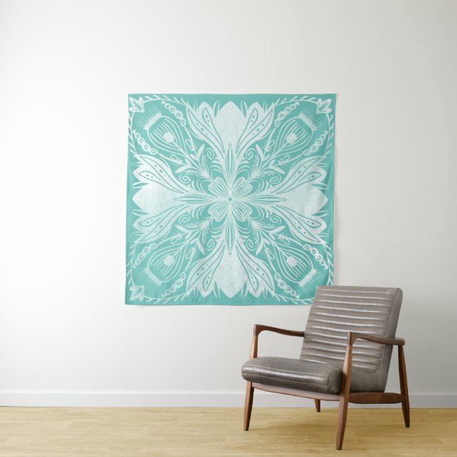 Boho Teal and White Mandala Pattern Tapestry (In Situ)