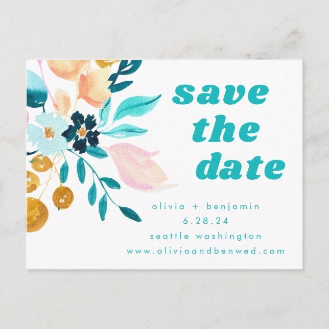 Boho Teal Blue and Gold Watercolor Floral Wedding Announcement Postcard (Front)