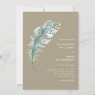 Boho Teal Blue Feather Minimal Sandy Beige Invitation