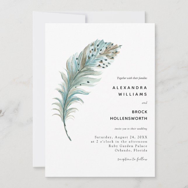 Boho Teal Blue Feather Minimal Wedding Invitation (Front)