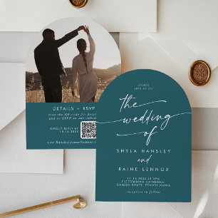 Boho Teal Blue Photo QR Code Arch Wedding Invitation