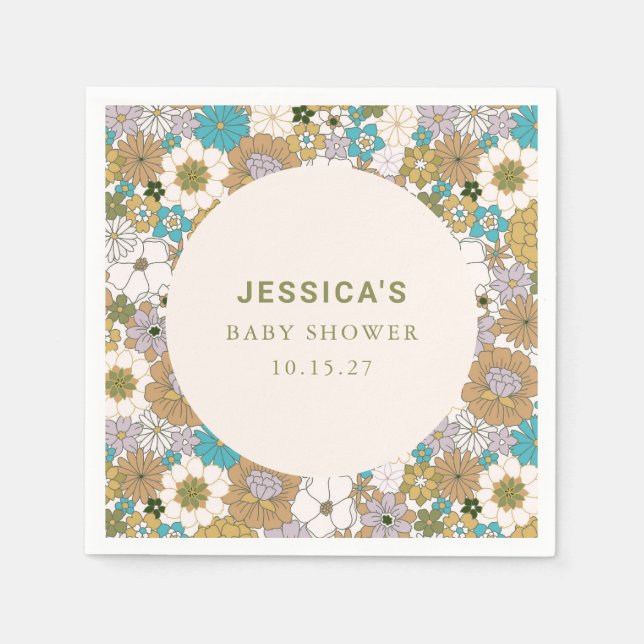 Boho Teal Brown Floral Cute Baby Shower Custom Napkin (Front)