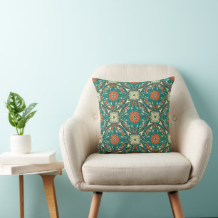 Boho Teal & Burnt Orange Mandala Floral Throw Pillow