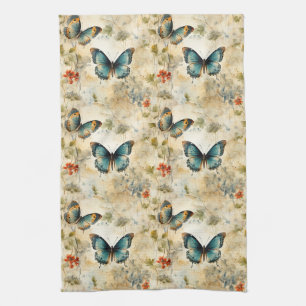 Boho Teal Butterfly Botanical Garden Print Kitchen Towel