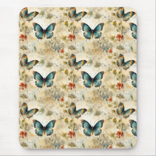 Boho Teal Butterfly Botanical Garden Print Mouse Pad