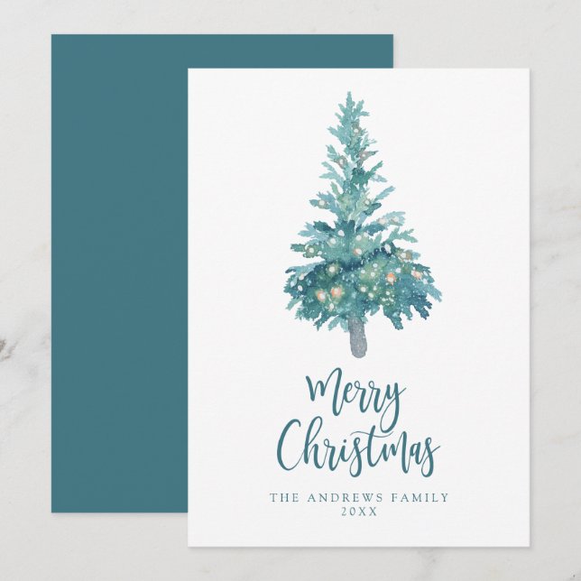 Boho Teal Christmas Watercolor Tree Non-Photo Holiday Card (Front/Back)