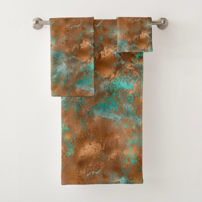 Boho Teal Copper Grunge Bath Towel Set (Insitu)