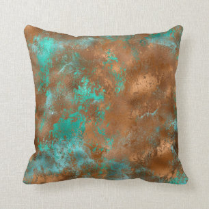 Boho Teal Copper Grunge Throw Pillow