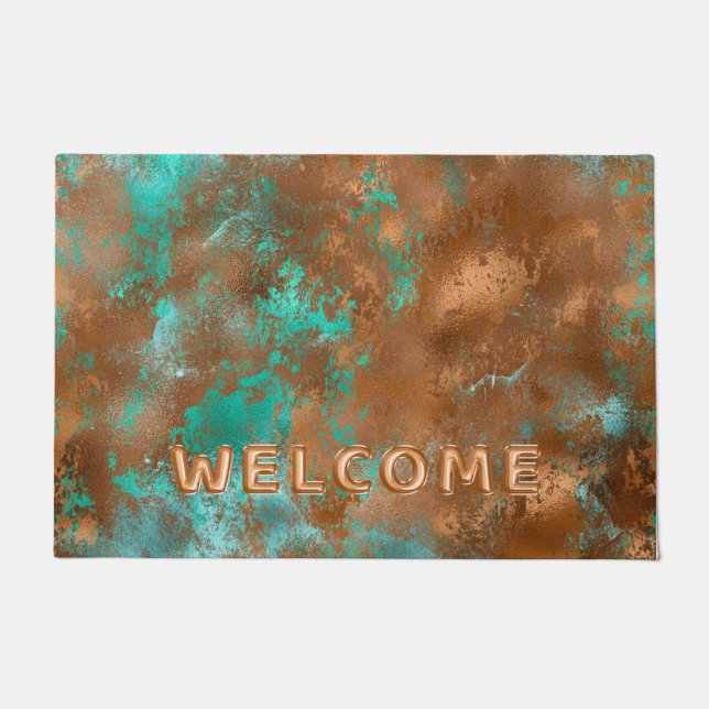Boho Teal Copper Grunge Welcome Doormat (Front)
