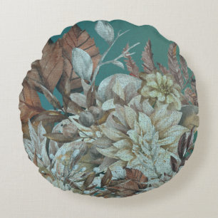 Boho Teal Floral Distressed Round Pillow