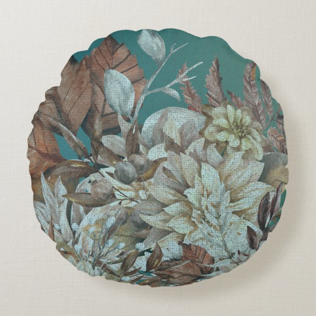 Boho Teal Floral Distressed Round Pillow (Front)