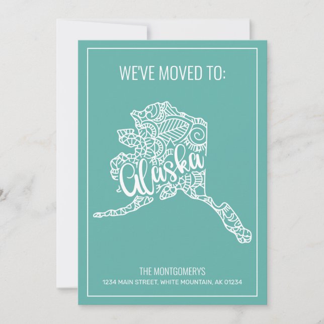 Boho Teal Floral Mandala Alaska State Moving Announcement (Front)