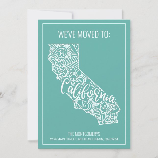 Boho Teal Floral Mandala California State Moving Announcement (Front)