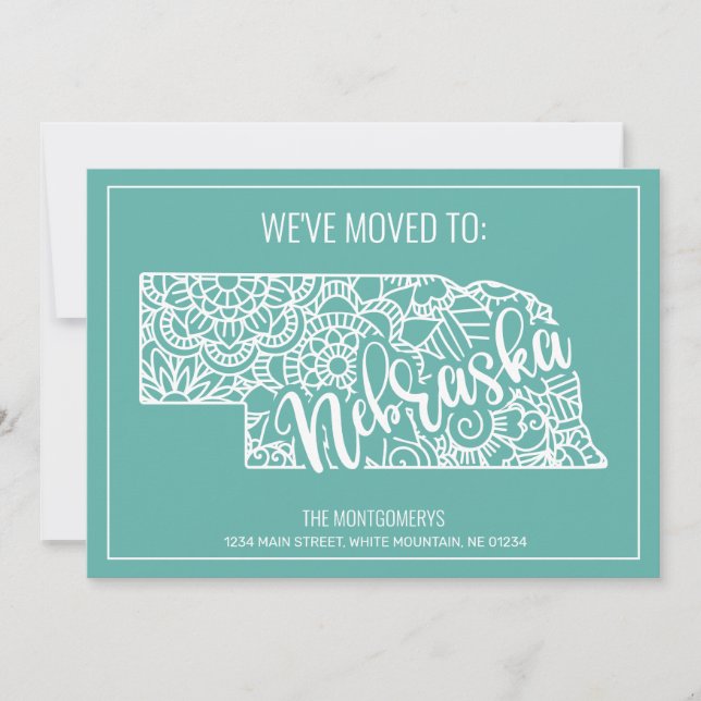 Boho Teal Floral Mandala Nebraska Moving Announcement (Front)