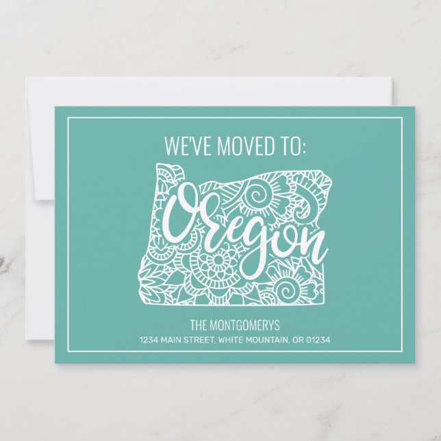 Boho Teal Floral Mandala Oregon State Moving Announcement (Front)